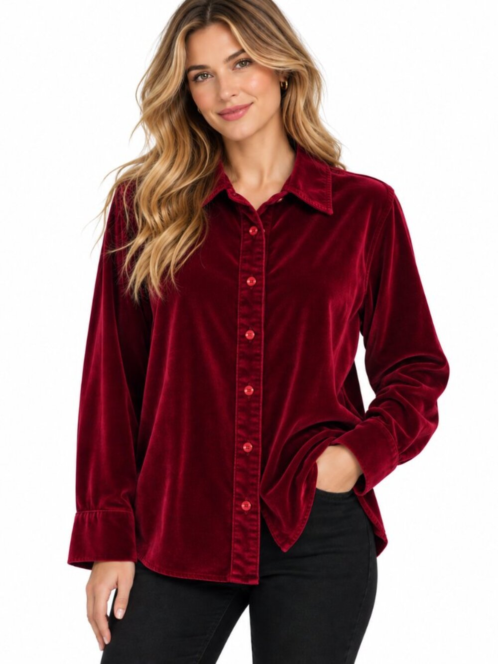 LL Bean Cotton Velvet Button Up Shirt XL Red Burgundy Holiday Dark Academia